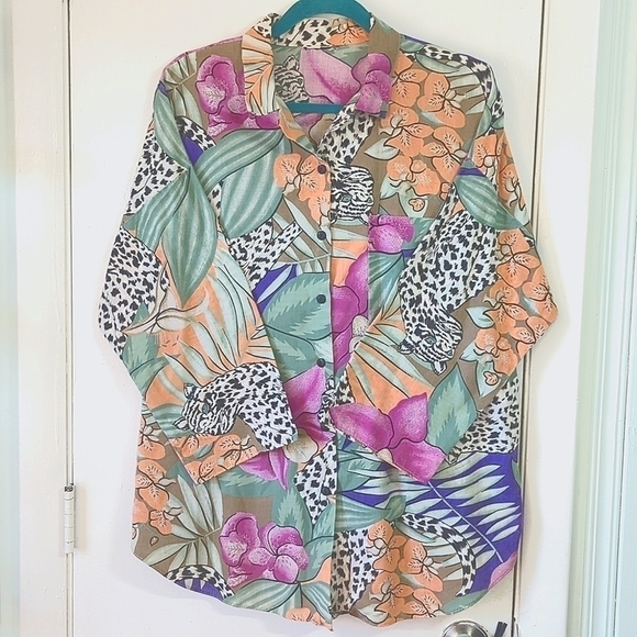 Euc Vintage 90s Lightweight Button Down Shirt sz L/XL - Tropical Tigers! - Picture 1 of 6